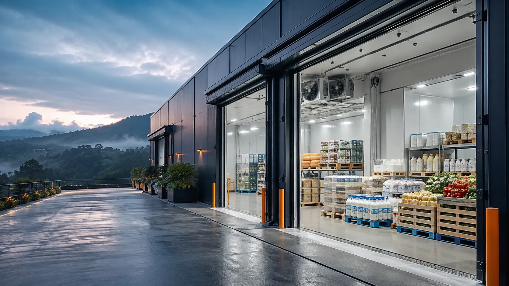 Ilustrasi bangunan cold storage dengan panel insulasi dan penyimpanan produk