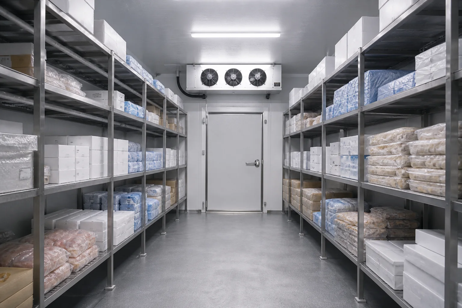 Walk in freezer komersial dengan rak produk beku